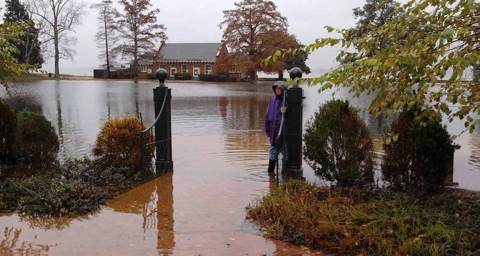 Coastal flooding at the historic site at Jamestown, Virginia in 2009. Three feet of water accumulated after a storm. Such events now occur several times a year, and the site is often closed for safety reasons. Photo: Michael Lavin / Jamestown Rediscovery