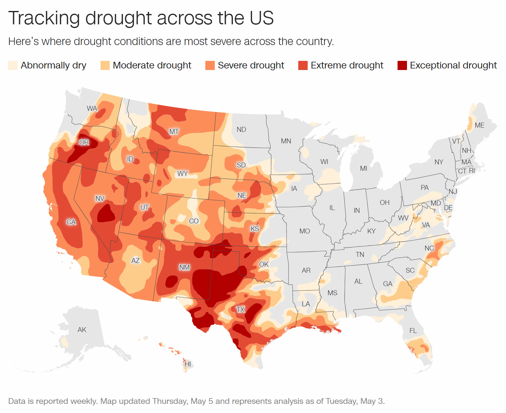 Drought conditions across the United States, 3 May 2022. Data: U.S. Drought Monitor. Graphic: John Keefe / CNN