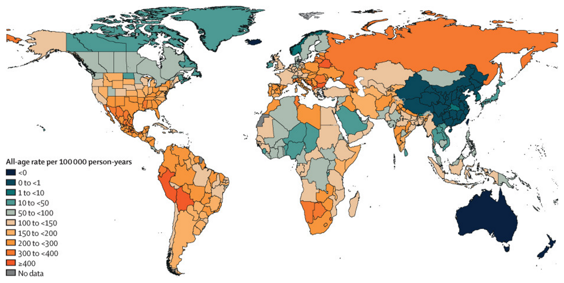 Global distribution of estimated excess mortality rate due to the COVID-19 pandemic, for the cumulative period 2020–21. Although reported COVID-19 deaths between 1 January 2020 and 31 December 2021 totaled 5.94 million worldwide, IHME estimates that 18.2 million (95 percent uncertainty interval 17.1–19.6) people died worldwide because of the COVID-19 pandemic over that period, as measured by excess mortality. Graphic: Wang, et al., 2022 / The Lancet