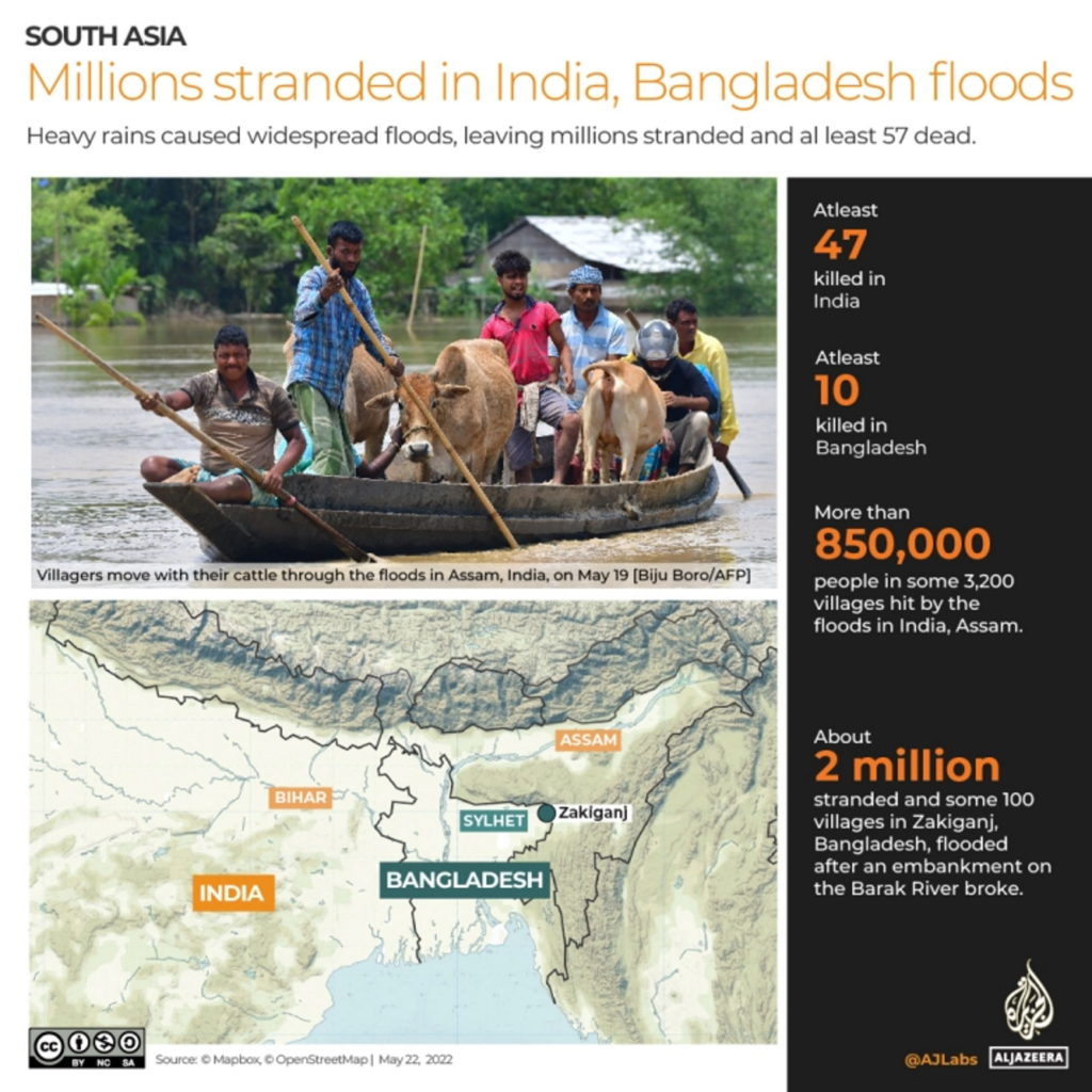 Millions stranded in India, Bangladesh floods. Heavy rains caused widespread floods, leaving millions stranded and at least 57 dead. Photo: Biju Boro / AFP. Map: Mapbox / OpenStreetMap. Graphic: Al Jazeera