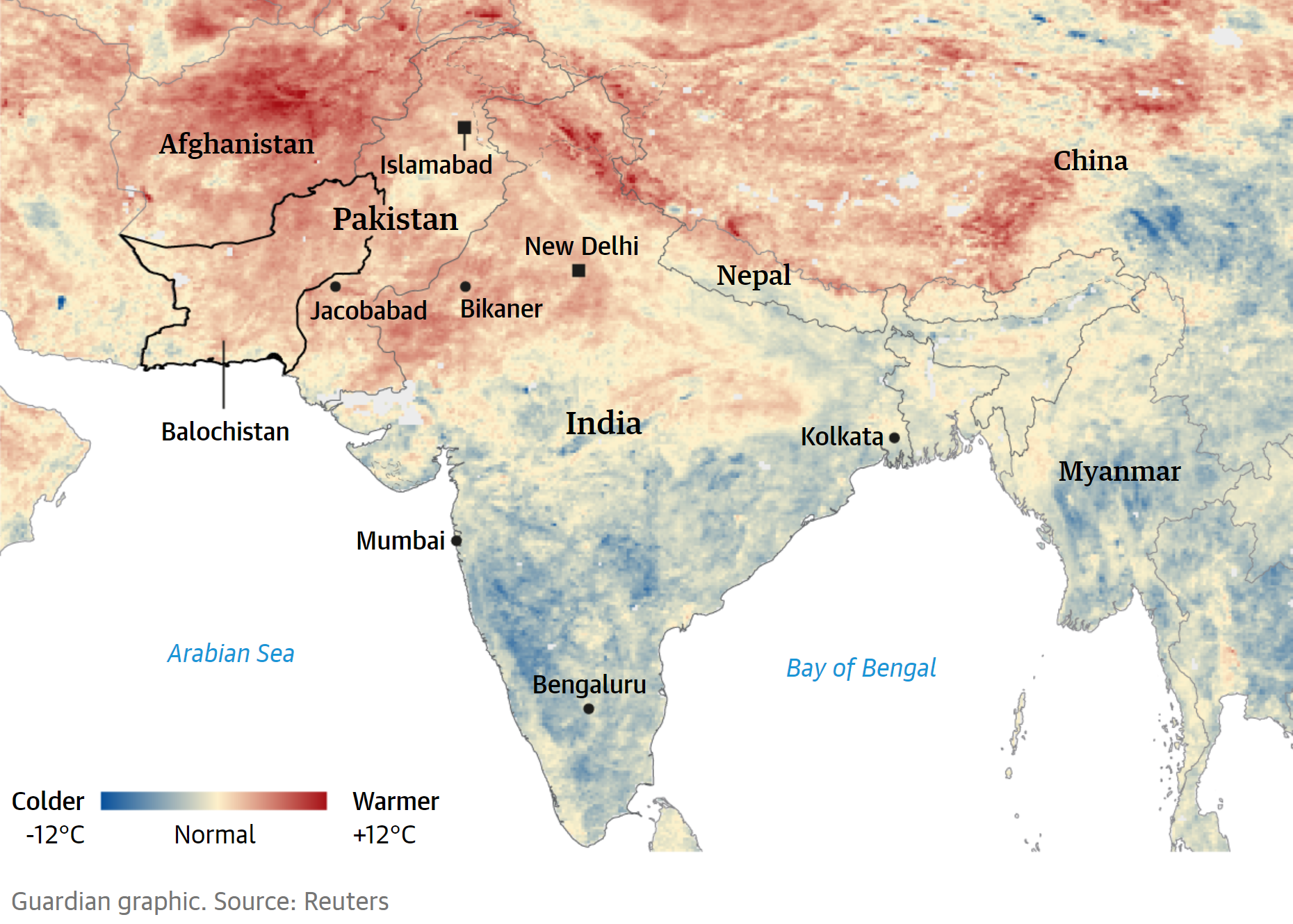 Land surface temperatures in April 2022 compared with averages for April between 2001 and 2010. In April 2022, parts of India and Pakistan recorded their highest average temperatures on record. Source: Reuters. Graphic: The Guardian