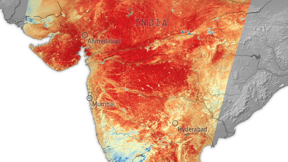 Map showing land surface temperature across most of India, 29 April 2022. In Spring 2022, India faced a prolonged heatwave, with temperatures exceeding 42°C in numerous cities across the country. This came just weeks after India recorded its hottest March since the country’s meteorological department began its records over 120 years ago. This image, produced using data from the Copernicus Sentinel-3 mission, shows the land surface temperature across most of the nation. According to the India Meteorological Department, maximum air temperatures reached 43-46°C over most parts of Rajasthan, Vidarbha, Madhya Pradesh and East Uttar Pradesh; in many parts over Gujarat, interior Odisha; and in some parts of Madhya Maharashtra on 28 April 2022. Graphic: ESA
