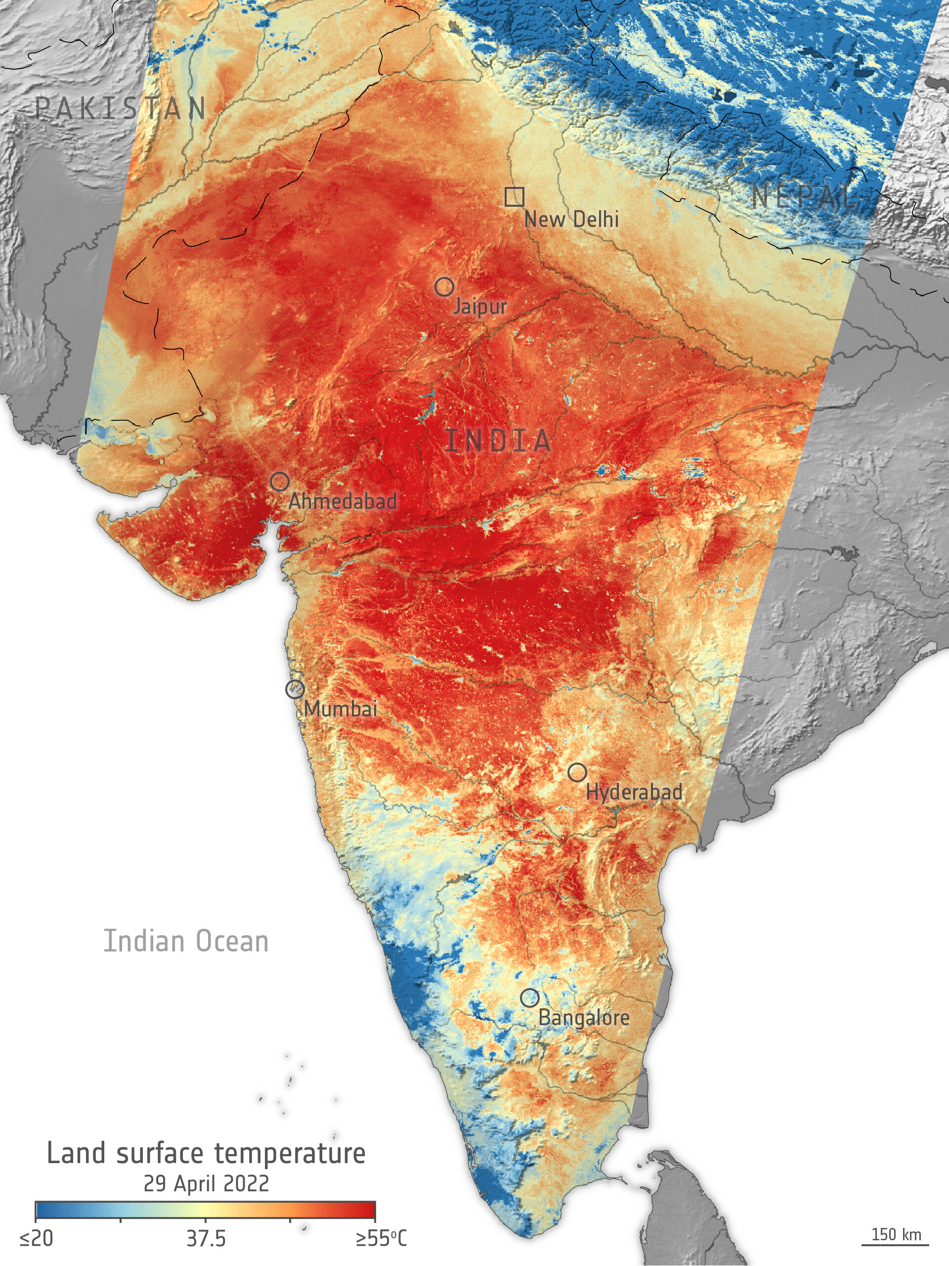Map showing land surface temperature across most of India, 29 April 2022. In Spring 2022, India faced a prolonged heatwave, with temperatures exceeding 42°C in numerous cities across the country. This came just weeks after India recorded its hottest March since the country’s meteorological department began its records over 120 years ago. This image, produced using data from the Copernicus Sentinel-3 mission, shows the land surface temperature across most of the nation. According to the India Meteorological Department, maximum air temperatures reached 43-46°C over most parts of Rajasthan, Vidarbha, Madhya Pradesh and East Uttar Pradesh; in many parts over Gujarat, interior Odisha; and in some parts of Madhya Maharashtra on 28 April 2022. Graphic: ESA