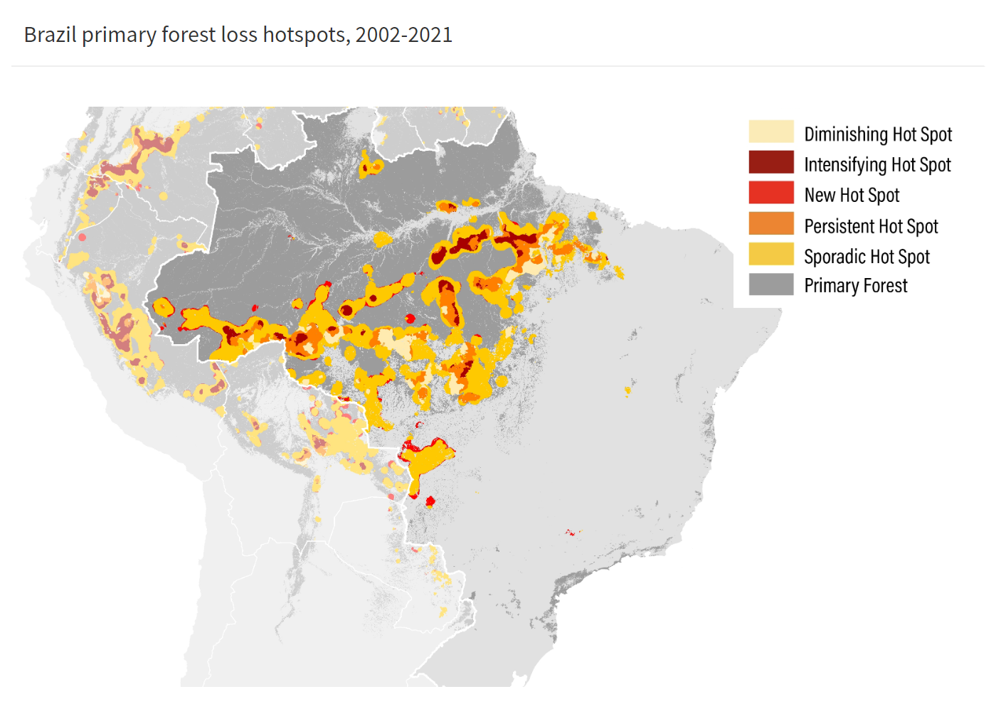 Map showing primary forest loss hot spots in Brazil, 2002-2021. As the country with the most primary rainforest to begin with, Brazil consistently tops the list for most primary forest loss. More than 40 percent of tropical primary forest loss in 2021 occurred in Brazil, a total of 1.5 million hectares. The rate of primary forest loss in Brazil has been persistently high the past several years. Loss related to fires has fluctuated depending on the level of out-of-control forest fires, most recently with a spike in 2020 in the Amazon and the Pantanal. Meanwhile, non-fire losses, which in Brazil are most often associated with agricultural expansion, increased 9 percent from 2020 to 2021. Graphic: WRI