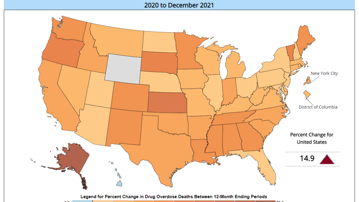 Map showing percent change in predicted 12 month-ending count of drug overdose Deaths, by U.S. jurisdiction, December 2020 - December 2021. Graphic: CDC / National Center for Health Statistics