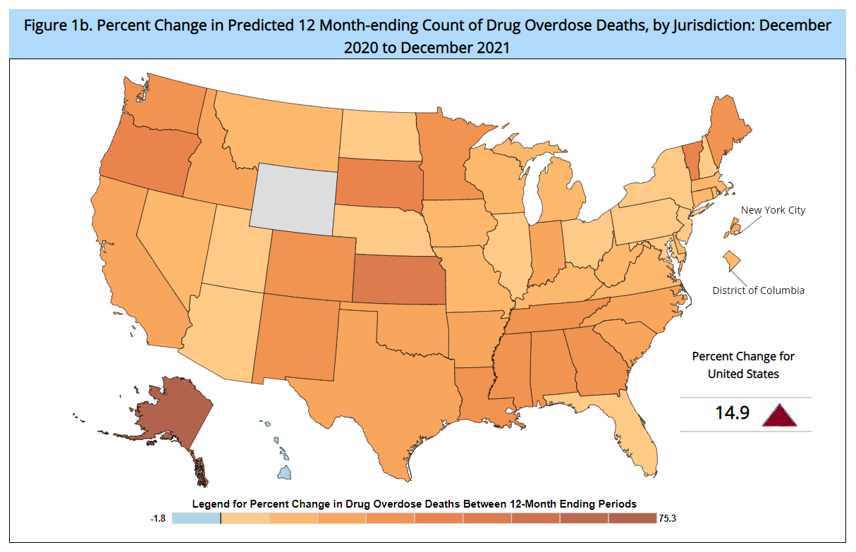 Map showing percent change in predicted 12 month-ending count of drug overdose Deaths, by U.S. jurisdiction, December 2020 - December 2021. Graphic: CDC / National Center for Health Statistics