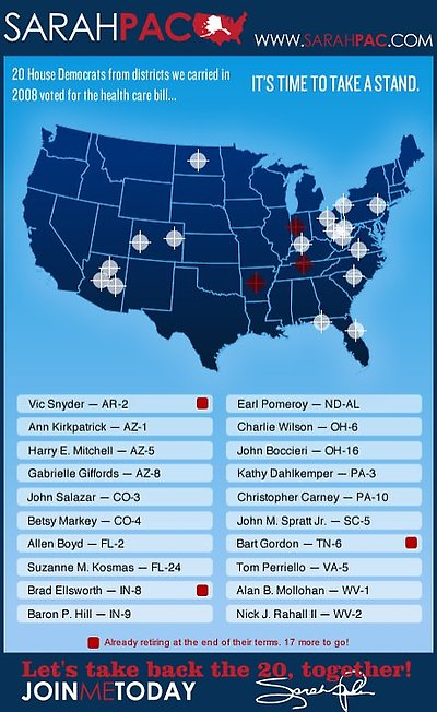 Map of the U.S. showing Democrats targeted by the Sarah Palin campaign in 2010, including Gaby Giffords. Graphic: SarahPAC