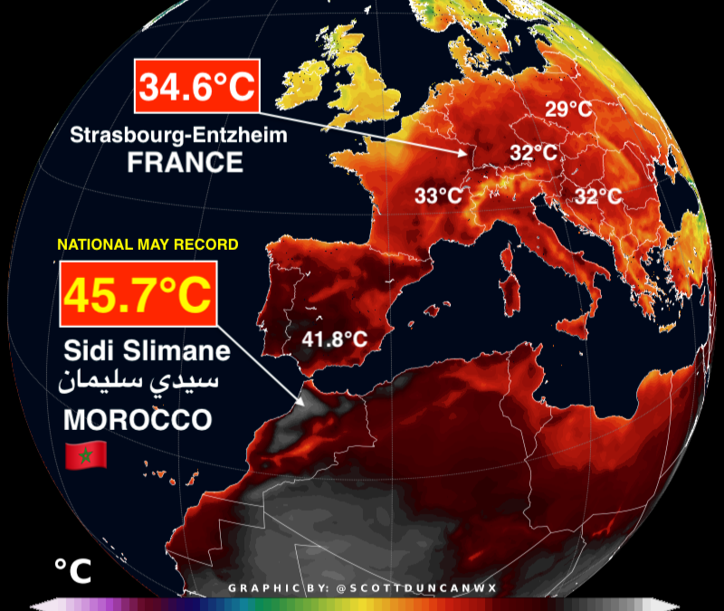Surface temperature map for Europe and North Africa on 20 May 2022. Morocco observed its hottest day in May on 20 May 2022, recording a temperature of 45.7°C (114°F). With some areas reaching a scorching 44ºC in Spain on 21 May 2022, this unprecedented heatwave could make May the hottest month of the century. Graphic: Scott Duncan