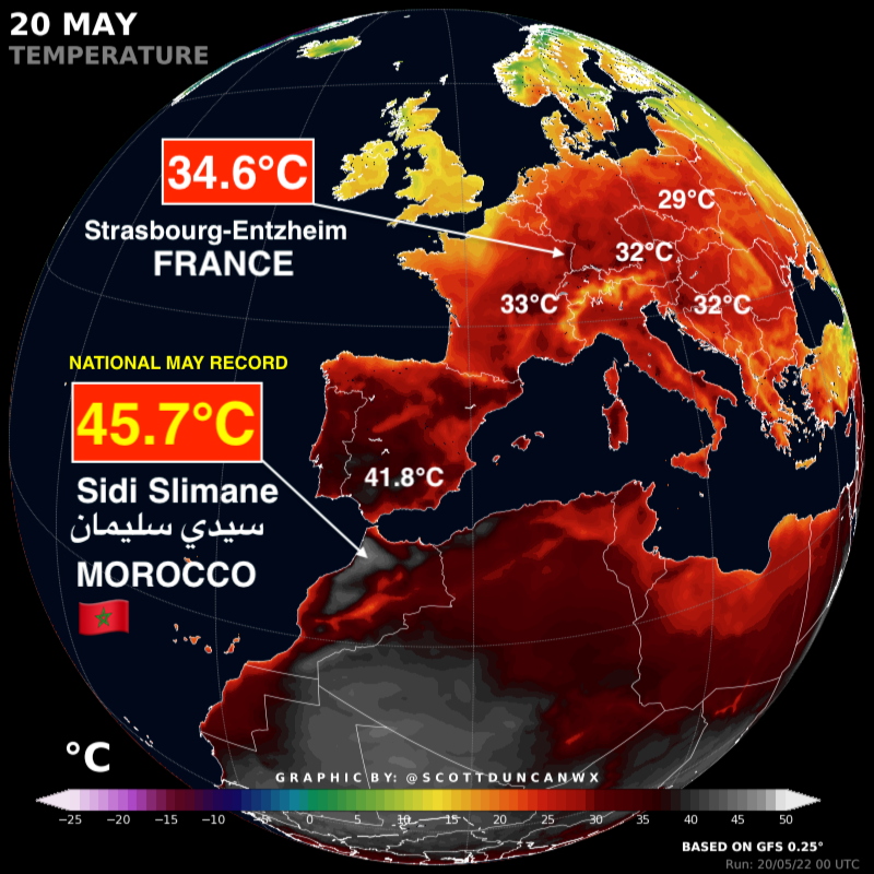 Surface temperature map for Europe and North Africa on 20 May 2022. Morocco observed its hottest day in May on 20 May 2022, recording a temperature of 45.7°C (114°F). With some areas reaching a scorching 44ºC in Spain on 21 May 2022, this unprecedented heatwave could make May the hottest month of the century. Graphic: Scott Duncan