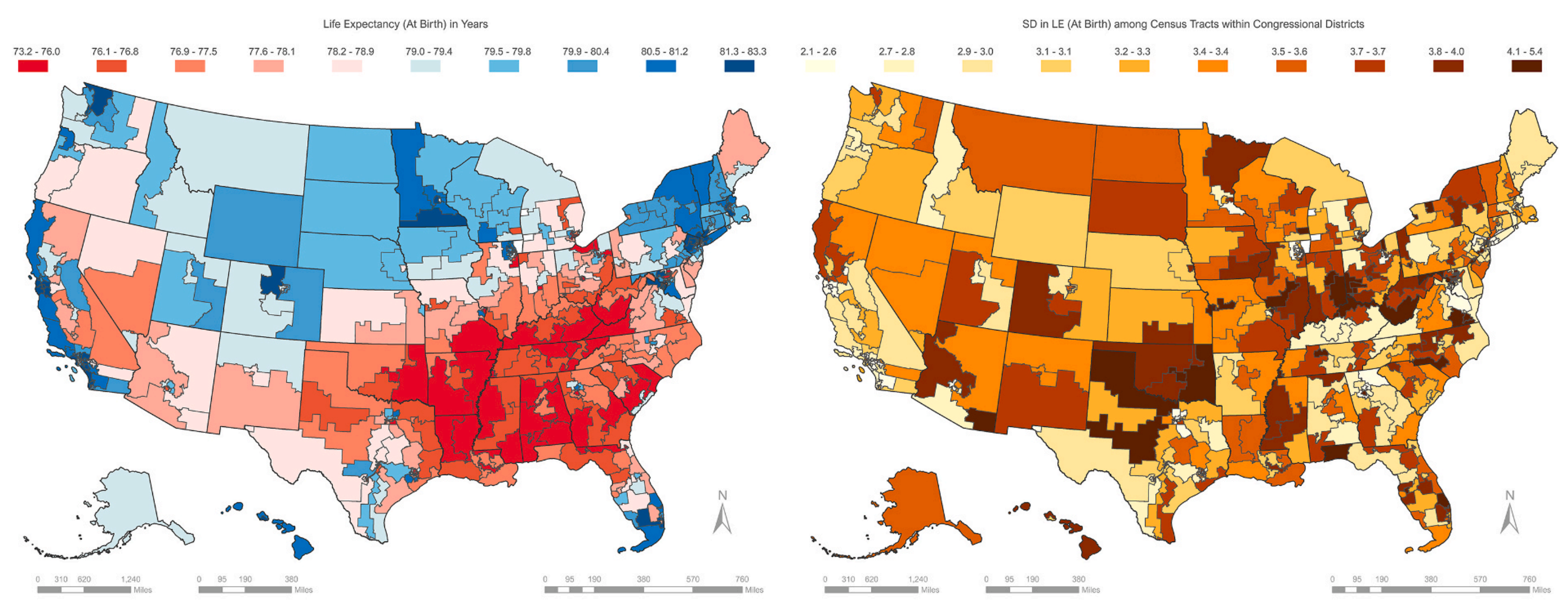 Life expectancies at birth and standard deviations in LE and across congressional districts in the United States, 2010-2015. Graphic: Takai, et al., 2022 / Social Science and Medicine