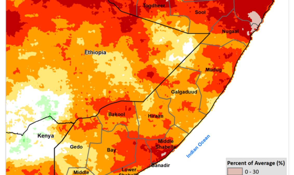 Map showing the March-to-May (Gu) 2022 rainfall as percent of average in the Horn of Africa. The March/April to June 2022 Gu season rainfall was below average across the country, worsening the existing drought conditions in Somalia. The seasonal rains, which started in mid to late April appear to be ending early by late May/early June 2022. The rains were characterized by heavy storms lasting a few hours and were concentrated within a short period. Heavy downpours led to high runoff and limited replenishment of pasture and water resources. The poor spatial and temporal distribution could not sustain crop growth nor replenish the water sources adequately. This map compares the 2022 Gu seasonal rainfall with the long-term average for the same season. Northern parts of Somalia recorded 30 percent to 60 percent of the average rainfall while central and southern regions received 45 percent to 75 percent of average. This is also consistent with observed rainfall data from rain-gauge stations. Data: CHC / CHIRPS. Graphic: FAO