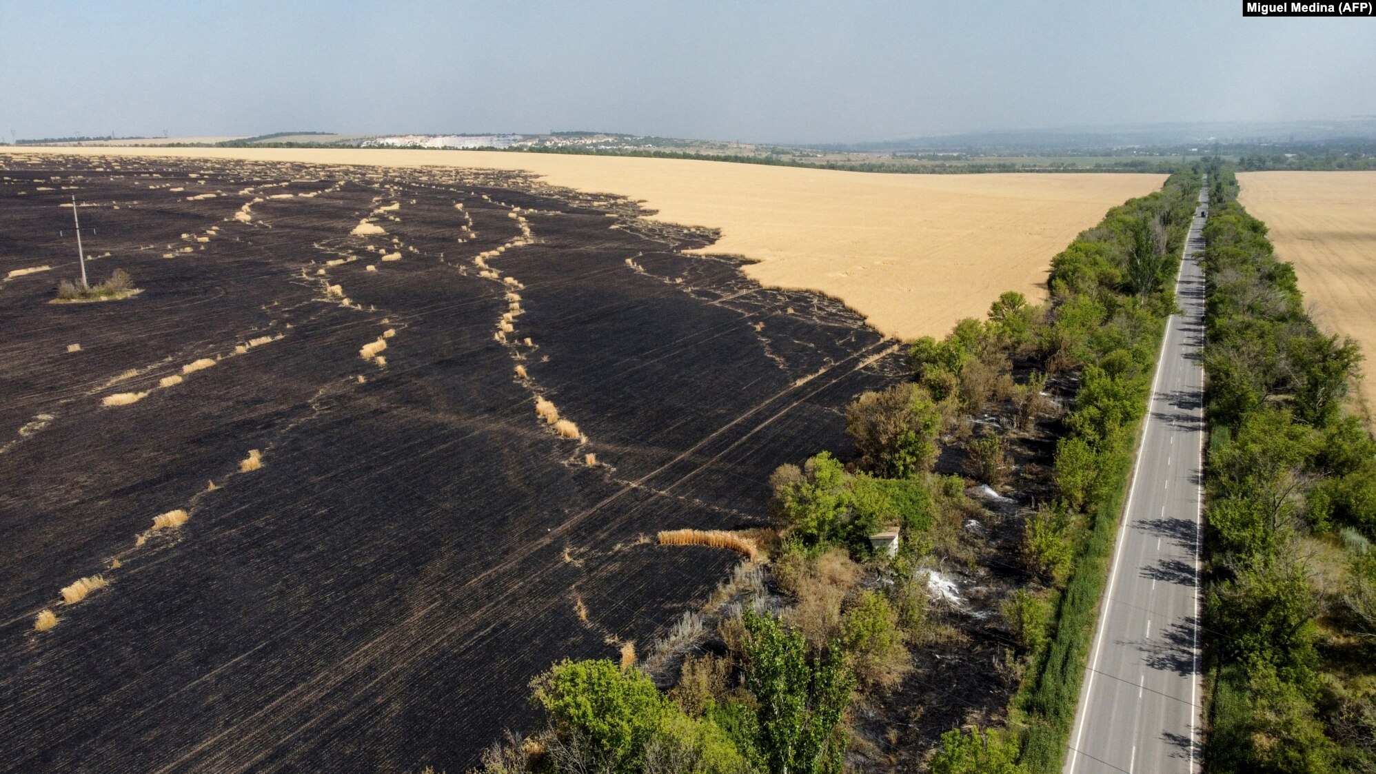 An aerial photo taken on 8 July 2022 shows the widespread destruction of a wheat field near Siversk in the Donetsk region of Ukraine. Fires in dry wheat fields can easily be sparked by explosions or the red-hot fragments of artillery shrapnel. Photo: Miguel Medina / AFP