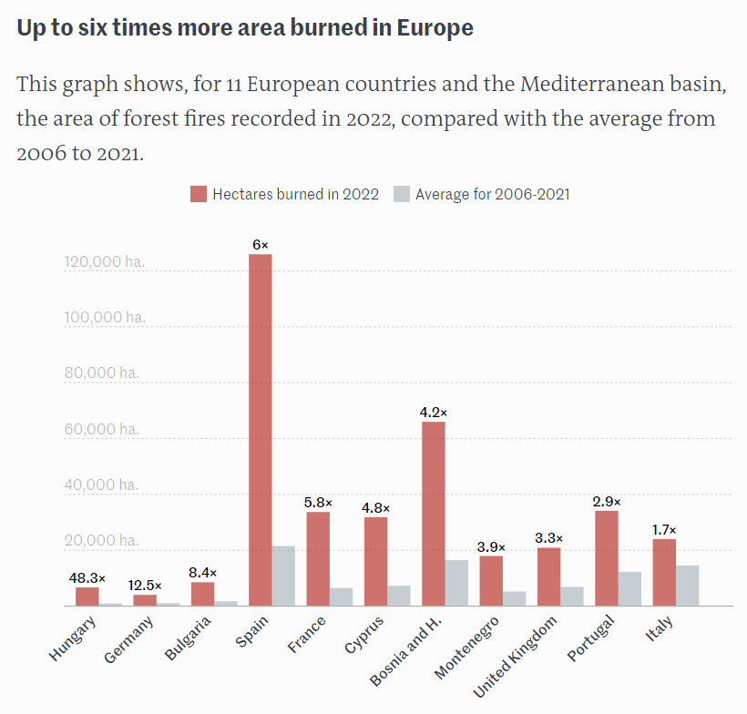 The area of forest fires recorded in 2022 for 11 European countries and the Mediterranean basin, compared with the average from 2006 to 2021. Data are current to 21 July 2022. Data: European Forest Fire Information System (EFFIS). Graphic: Le Monde
