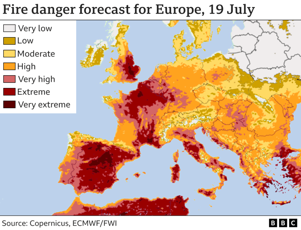 Map showing the fire danger forecast for Europe, 19 July 2022. Data: Copernicus / ECMWF / FWI. Graphic: BBC