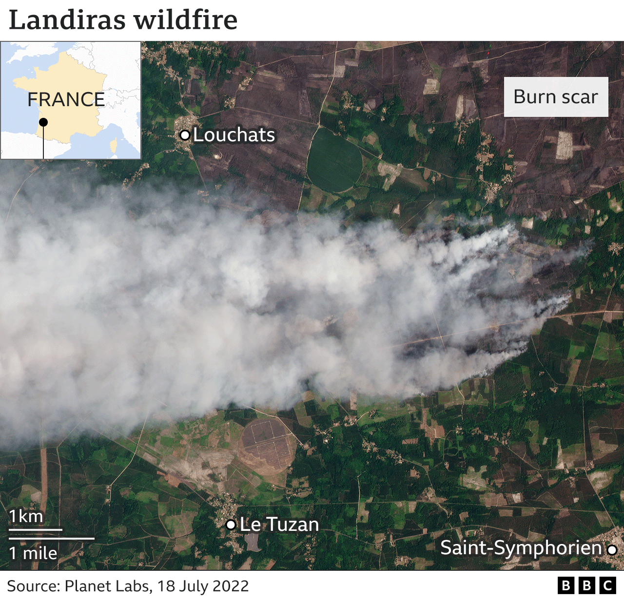 Satellite view of a wildfire near Landiras, France on 18 July 2022. Photo: Planet Labs / BBC News