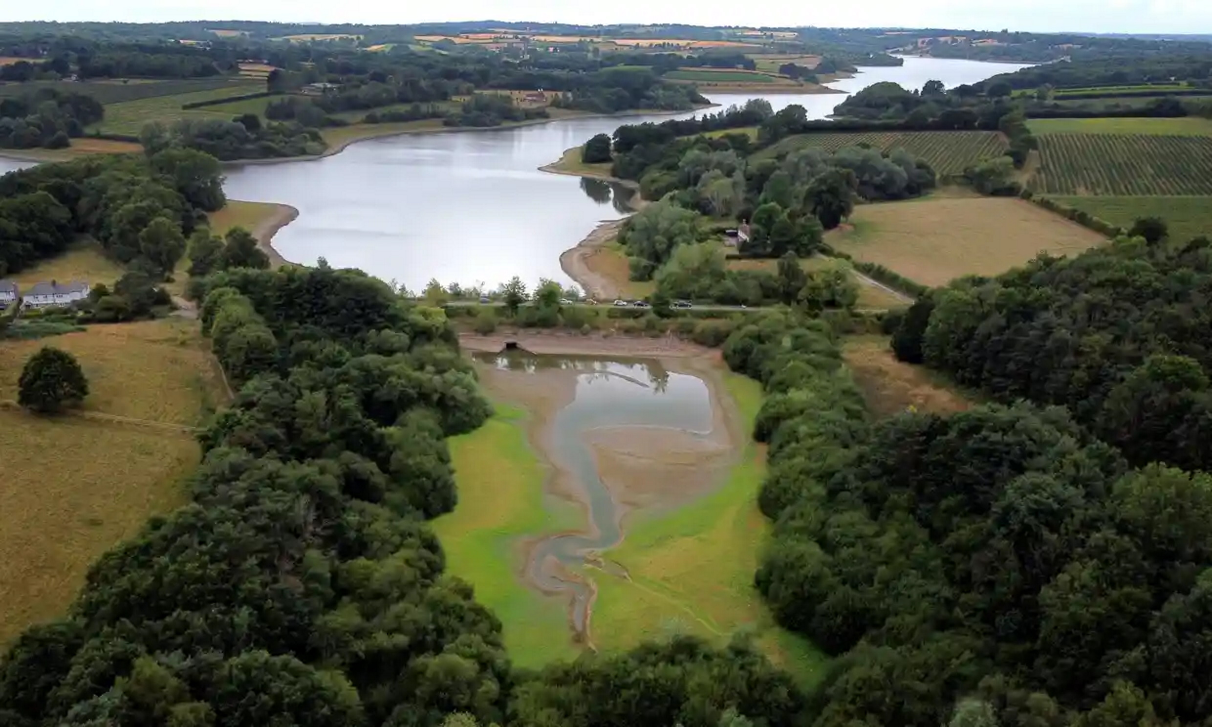 Aerial view of Bewl Reservoir near Lamberhurst in Kent, England. By 31 July 2022, Bewl Reservoir was at 67 percent of its capacity. Photo: Gareth Fuller / PA