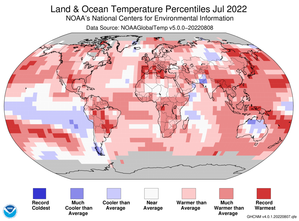 Departure of temperature from average for July 2022, the sixth-warmest July for the globe since record-keeping began in 1880, according to NOAA. Record-warmest areas included parts of southern Europe and northern Africa, southern and eastern Asia, Brazil, Oceania, and southern Texas/northern Mexico. No large areas experienced record cold. Graphic: NOAA/NCEI