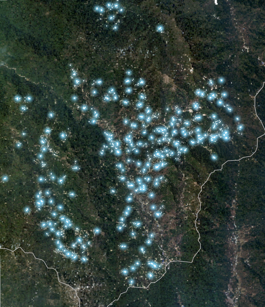 Satellite view of illegal rare earth mining operations in Myanmar. In March 2022, Global Witness commissioned the remote sensing company Planet to fly a satellite over the region. They found more than 2,700 mining collection pools at almost 300 separate locations. Photo: Global Witness / Planet Labs, PBC