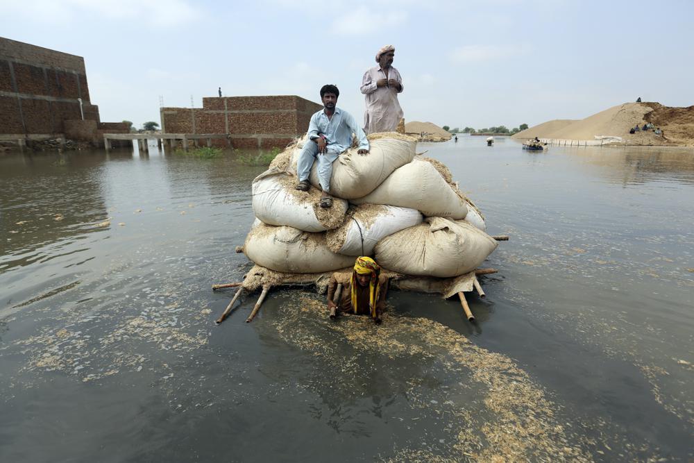 Victims of the unprecedented flooding from monsoon rains use makeshift barge to carry hay for cattle, in Jaffarabad, a district of Pakistan’s southwestern Baluchistan province, Monday, 5 September 2022. The U.N. refugee agency rushed in more desperately needed aid Monday to flood-stricken Pakistan as the nation's prime minister traveled to the south where rising waters of Lake Manchar pose a new threat. Photo: Fareed Khan / AP Photo
