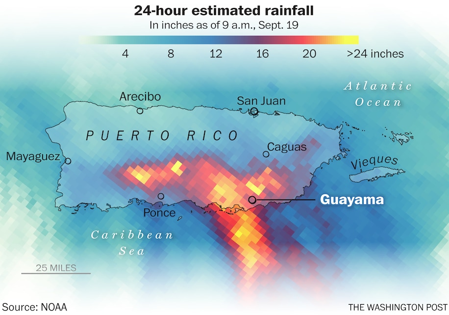 24-hour estimated rainfall over Puerto Rico from Hurricane Fiona in inches at 9 AM on 19 September 2022. Data: NOAA. Graphic: The Washington Post
