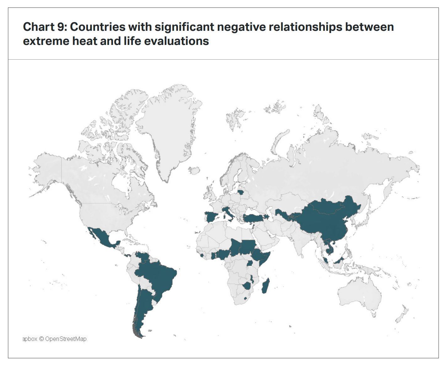 Countries with significant negative relationships between extreme heat and life evaluations. A range of statistical models using different parameters and control variables consistently find significant negative relationships between extreme heat and life evaluations in 37 predominantly low- and middle-income countries. In addition to the five listed above, this group includes Argentina, Azerbaijan, Bahrain, Benin, Cambodia, Chad, Chile, Cyprus, Ethiopia, Ghana, Italy, Kyrgyzstan, Laos, Lebanon, Lesotho, Lithuania, Madagascar, Malawi, Malaysia, Mongolia, Palestine, Panama, Sierra Leone, Somalia, Spain, Sudan, Tajikistan, Uganda, Uzbekistan, Venezuela, Vietnam and Zimbabwe. The combined population of these 37 countries represents more than a third of the global population. Graphic: Gallup