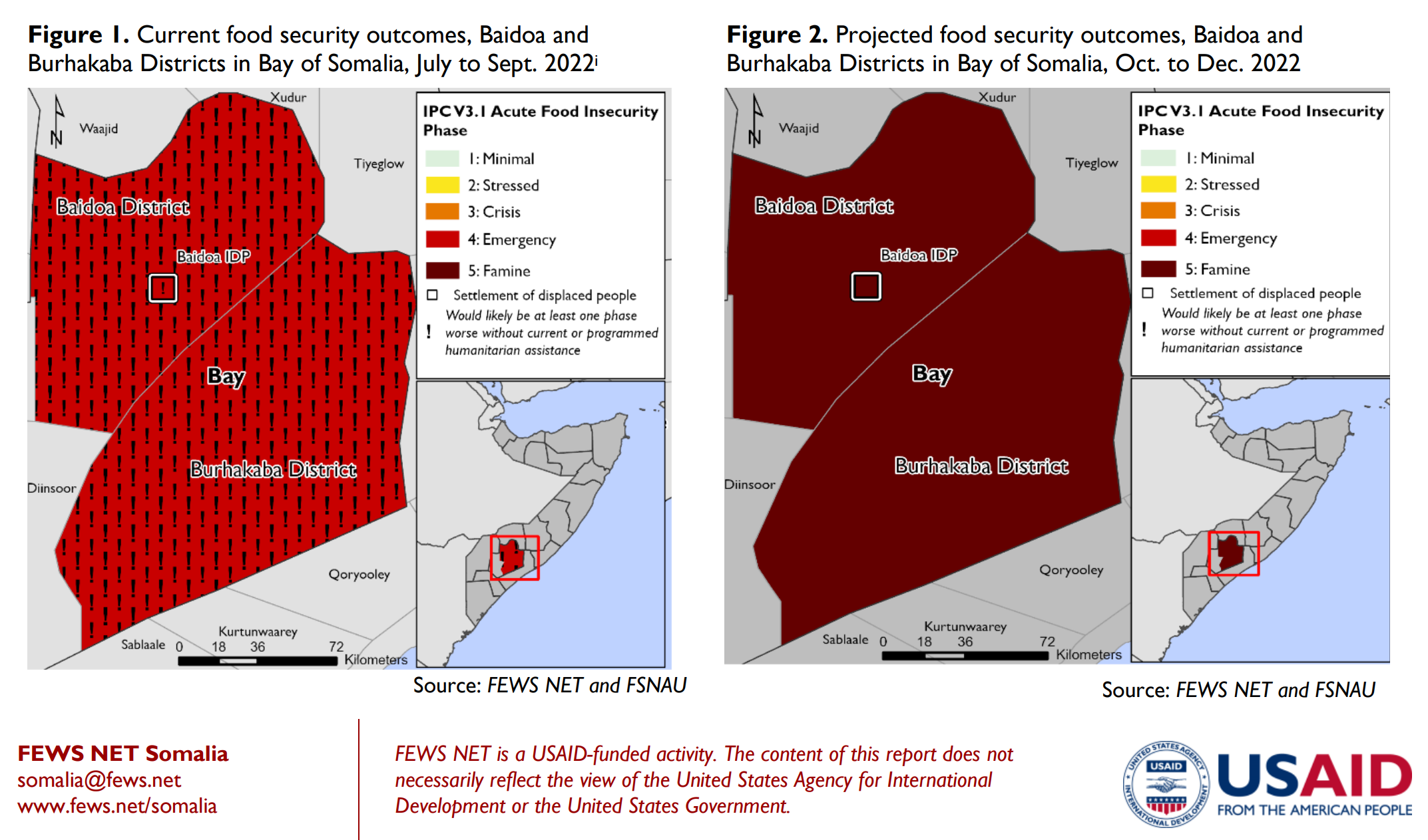 Current food security outcomes, Baidoa and Burhakaba Districts in Bay of Somalia, July to September 2022 (left) and projected food security outcomes, Baidoa and Burhakaba Districts in Bay of Somalia, October to December 2022 (right). Famine (IPC Phase 5) is projected to emerge in three areas of Bay Region, Somalia, in late 2022 in the absence of urgent, multisectoral humanitarian assistance. Although levels of acute malnutrition among children and the rate of hunger-related deaths have not yet met the IPC’s technical definition of Famine (IPC Phase 5), those thresholds are expected to be reached during the October to December 2022 projection period based on currently available information that minimal humanitarian food assistance will be delivered in these areas in November and December due to funding constraints. Data: FEWS NET and FSNAU. Graphic: FEWS NET Somalia