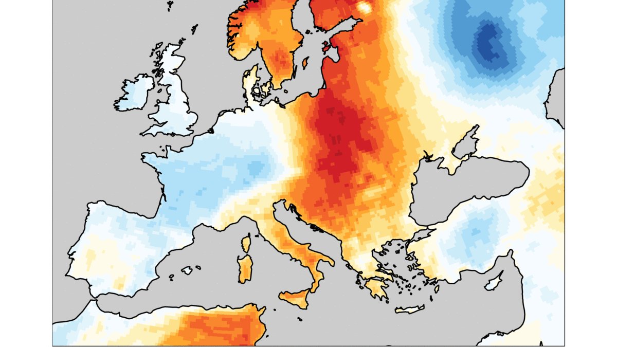 Daily surface air temperature anomaly for July 2022 relative to the daily average for the period 1991–2020. Data: ERA5. Graphic: Copernicus Climate Change Service / ECMWF