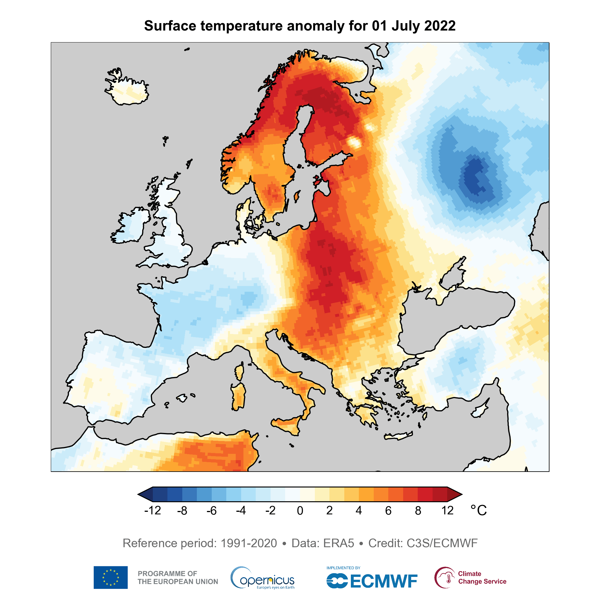 Daily surface air temperature anomaly for July 2022 relative to the daily average for the period 1991–2020. Data: ERA5. Graphic: Copernicus Climate Change Service / ECMWF