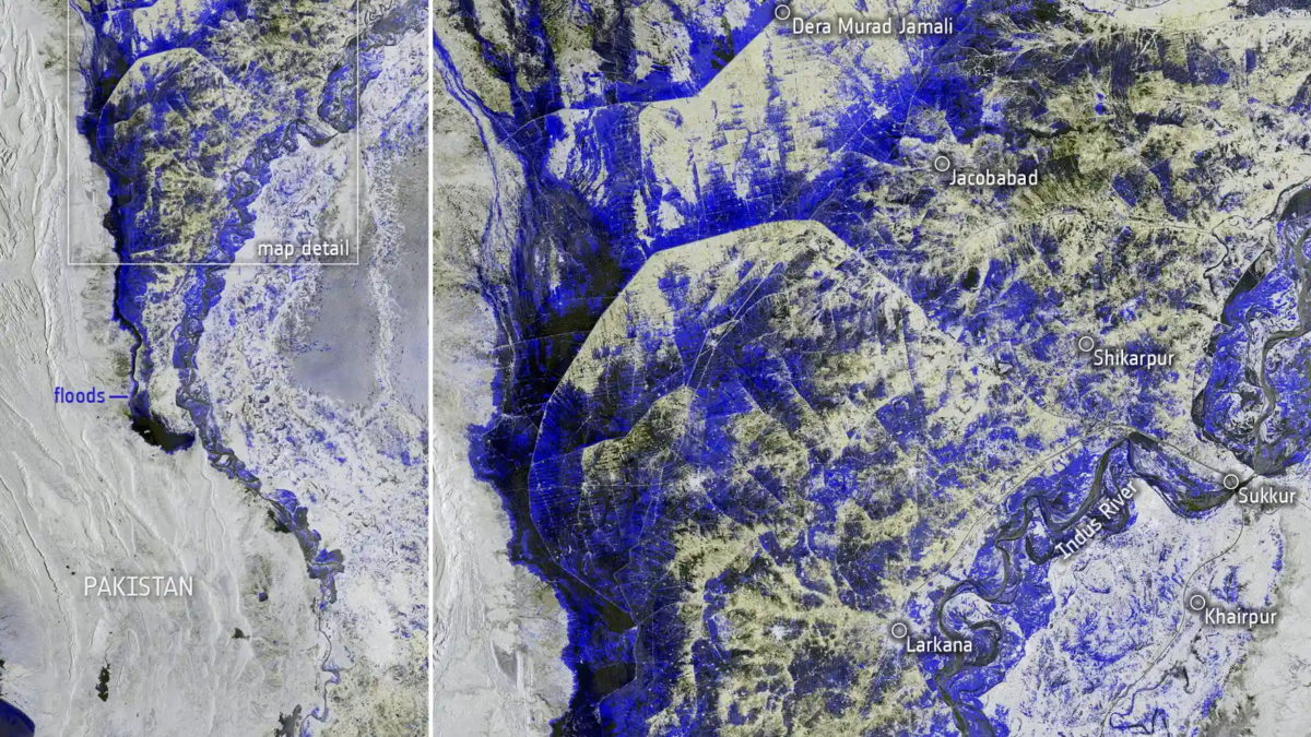 Data captured by the European Space Agency’s Copernicus satellite on 30 August 2022 was used to map the extent of flooding currently devastating Pakistan. Photo: ESA