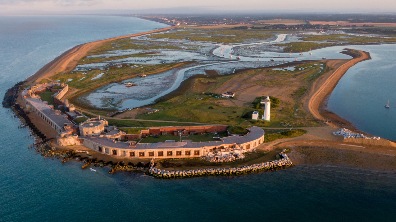 An aerial view showing storm and sea level rise damage at Hurst Castle on 10 August 2021 in Hampshire near Lymington, England. Photo: Getty Images