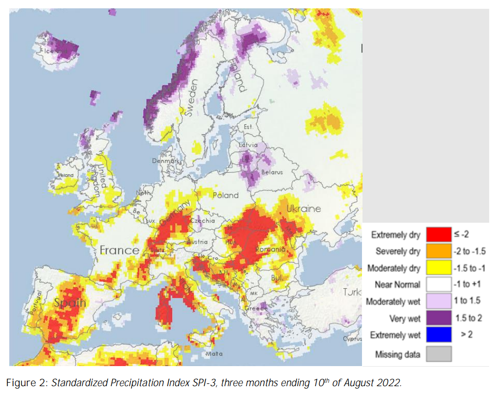 Standardized Precipitation Index (SPI-3) in Europe for the three months ending 10 August 2022. Graphic: European Drought Observatory