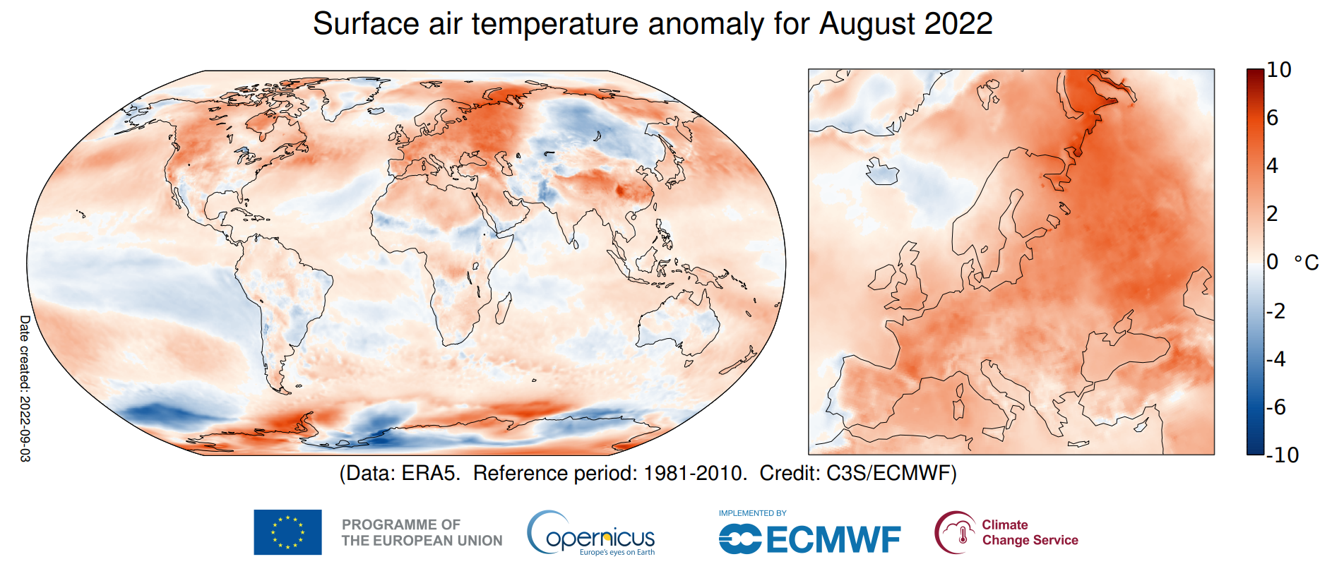 Surface air temperature anomaly for the world (left) and in Europe (right) for August 2022 relative to the August average for the period 1991-2020. Data: ERA5. Graphic: Copernicus Climate Change Service / ECMWF