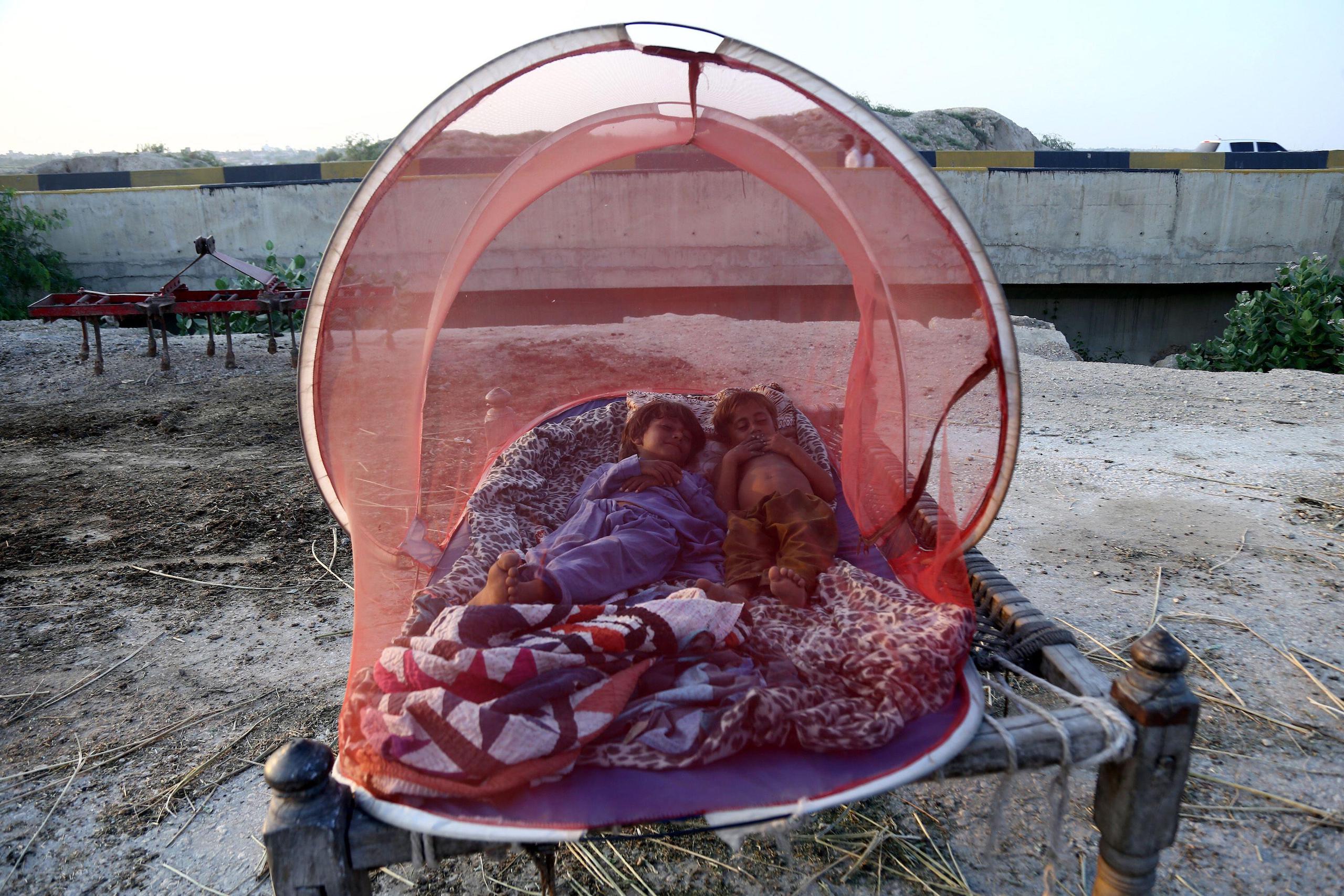 Flood-affected children sleep in a mosquito net in Jamshoro district in Pakistan's Sindh province on 8 September 2022. At least 36 people were killed in heavy monsoon rain-triggered flash floods in 24 hours in Pakistan, the National Disaster Management Authority (NDMA) said. Photo: Xinhua / Alamy Live News