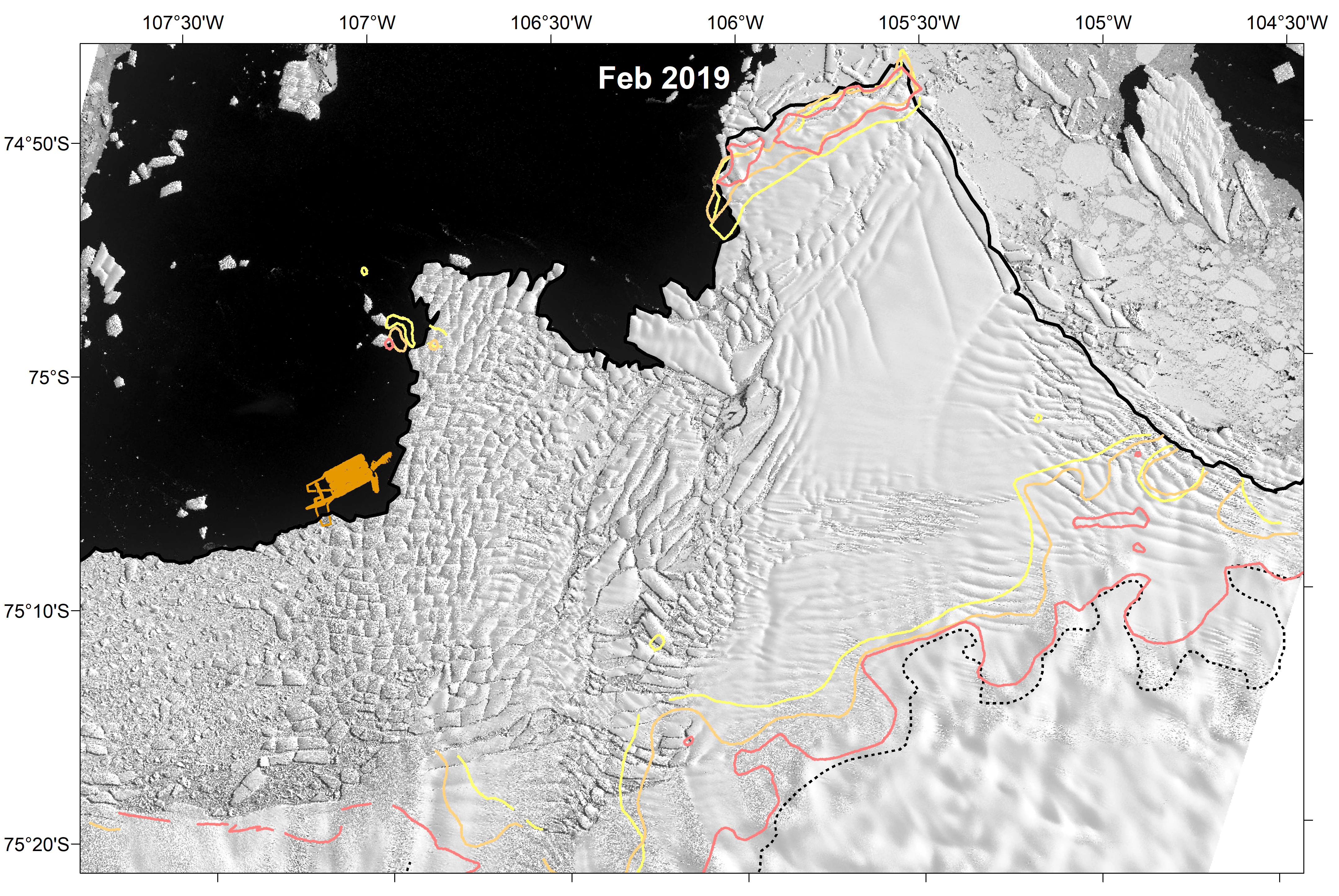Map of Thwaites Glacier shown in Landsat 8 satellite imagery collected in February 2019. The track of the mission of the autonomous underwater vehicle is shown in orange. Changes in grounding line positions of Thwaites Glacier in the recent past shown by colored lines. Graphic: Alastair Graham / University of South Florida