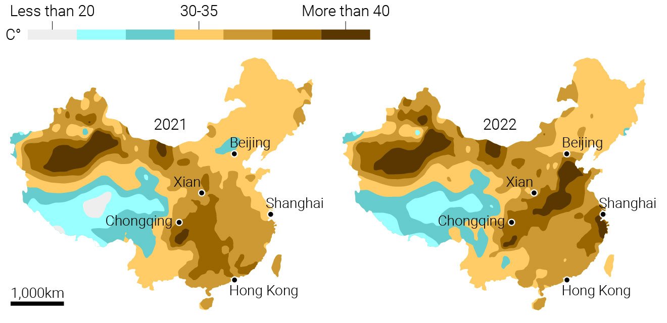Maximum surface temperatures in China, July 2022. For more than 70 days straight, a brutal heatwave ravaged much of China, with sustained temperatures of more than 40 degrees Celsius (104 Fahrenheit). It affected more than 900 million people in at least 17 provinces, from southwestern Sichuan to coastal Jiangsu and Zhejiang provinces in the east. Graphic: South China Morning Post