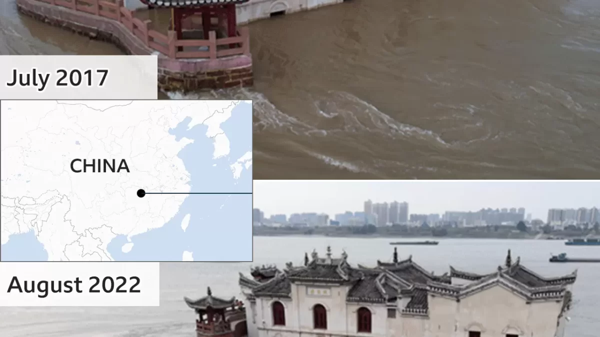 Hubei’s Guanyin Pavilion during the July 2017 flood and the August 2022 drought. Photo: Getty Images