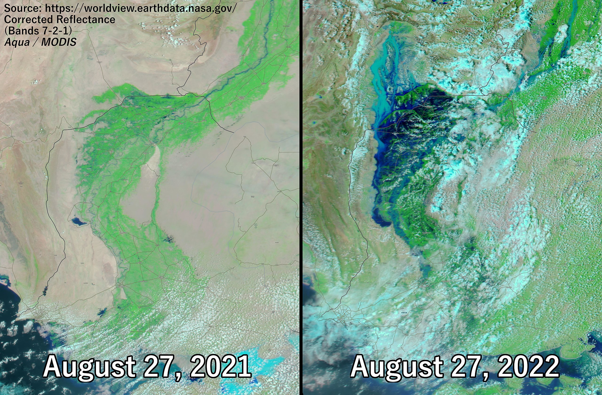 Satellite imagery showing a side-by-side comparison of southern Pakistan on 27 August 2021 (one year before the floods) and 27 August 2022. Photo: NASA