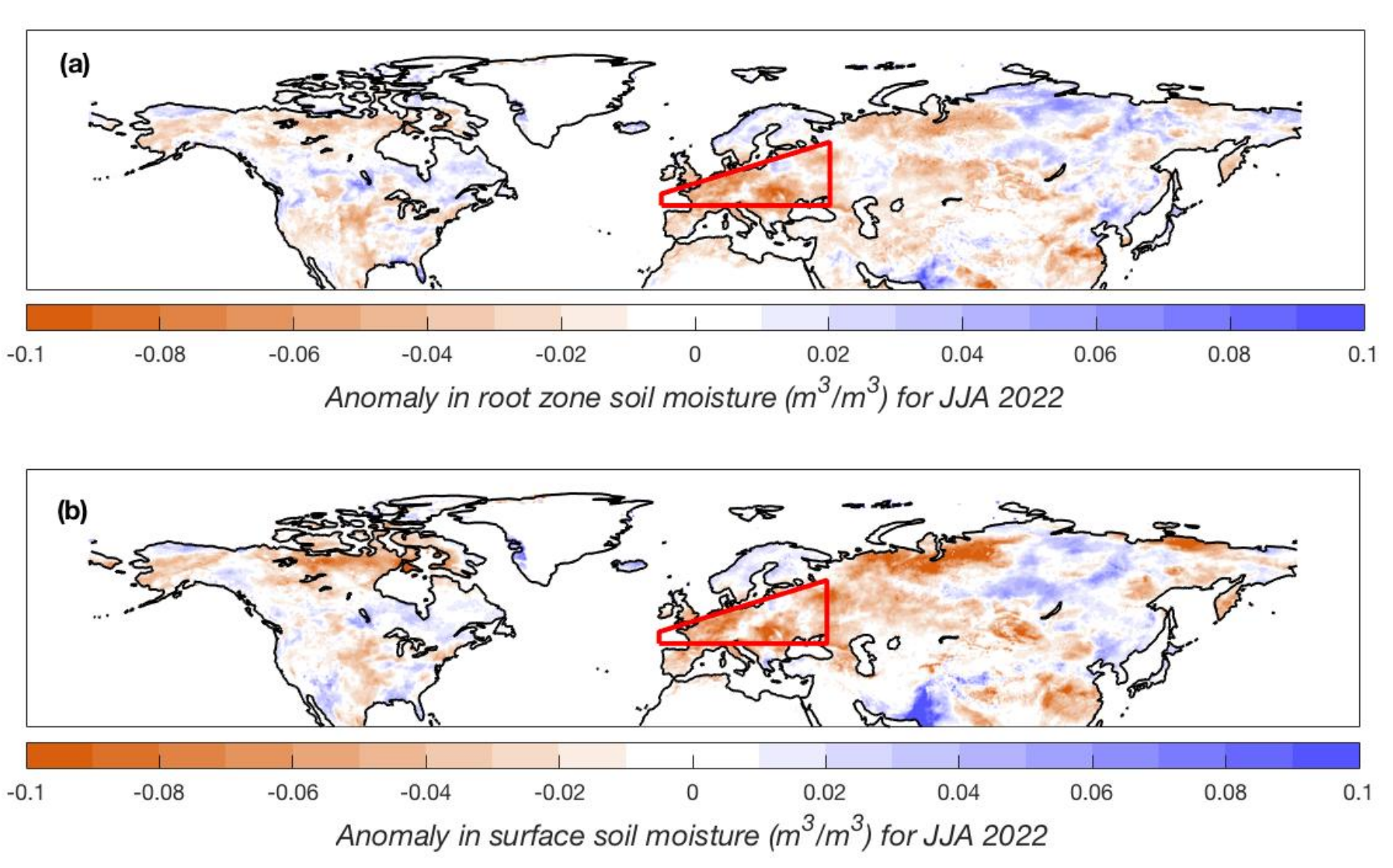 (a) Anomaly in the June to August average root zone soil moisture w.r.t 1950-2022 climate over the northern hemisphere so-called ‘extratropics’ (NHET) region (full domain shown) based on the ERA5-Land dataset. The smaller region West-Central Europe (WCE) is highlighted by the red box. (b) same as (a) for surface soil moisture. Graphic: World Weather Attribution