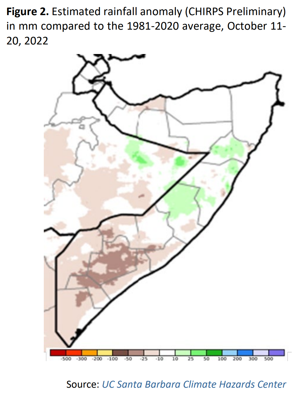Estimated rainfall anomaly (CHIRPS Preliminary) in mm compared to the 1981-2020 average for Somalia, 11-20 October 2022. Data: UC Santa Barbara Climate Hazards Center. Graphic: FEWS NET