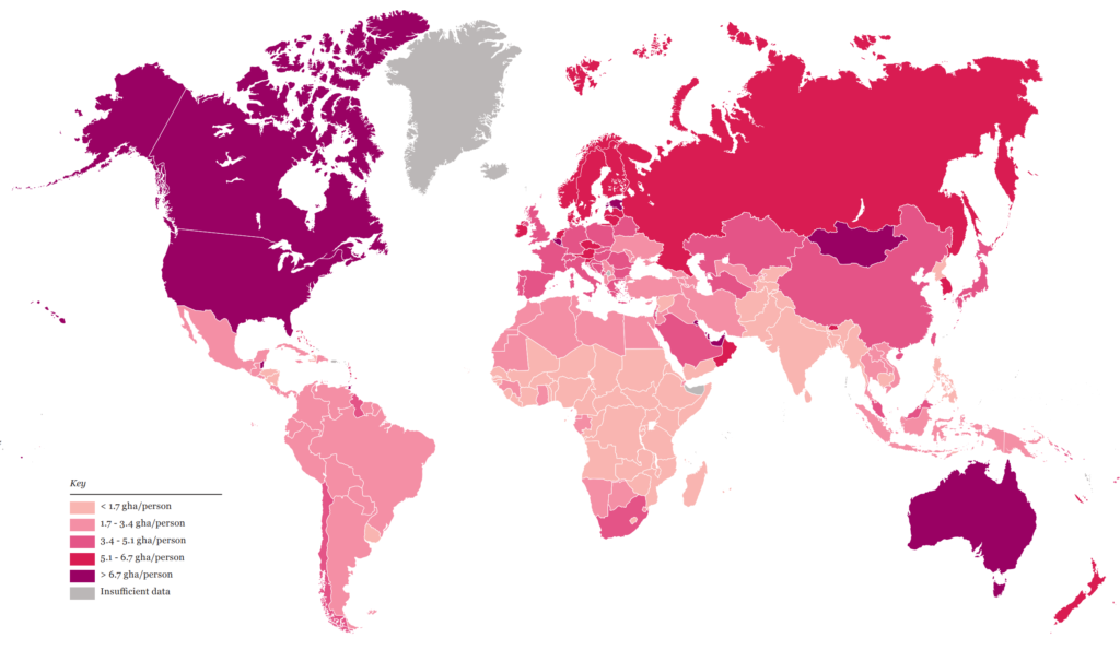 Map showing the Ecological Footprint per person in 2022. Ecological Footprint per person is a country’s Ecological Footprint divided by its population. To live within the means of our planet, humanity’s Ecological Footprint would have to be lower than our planet’s biocapacity, which is currently at 1.6 global hectares per person. So, if a country’s Ecological Footprint is 6.4 global hectares per person, its residents’ demand on nature for food, fibre, urban areas, and carbon sequestration is four times more than what’s available on this planet per person. For more details, see ata.footprintnetwork.org. Graphic: WWF / ZSL