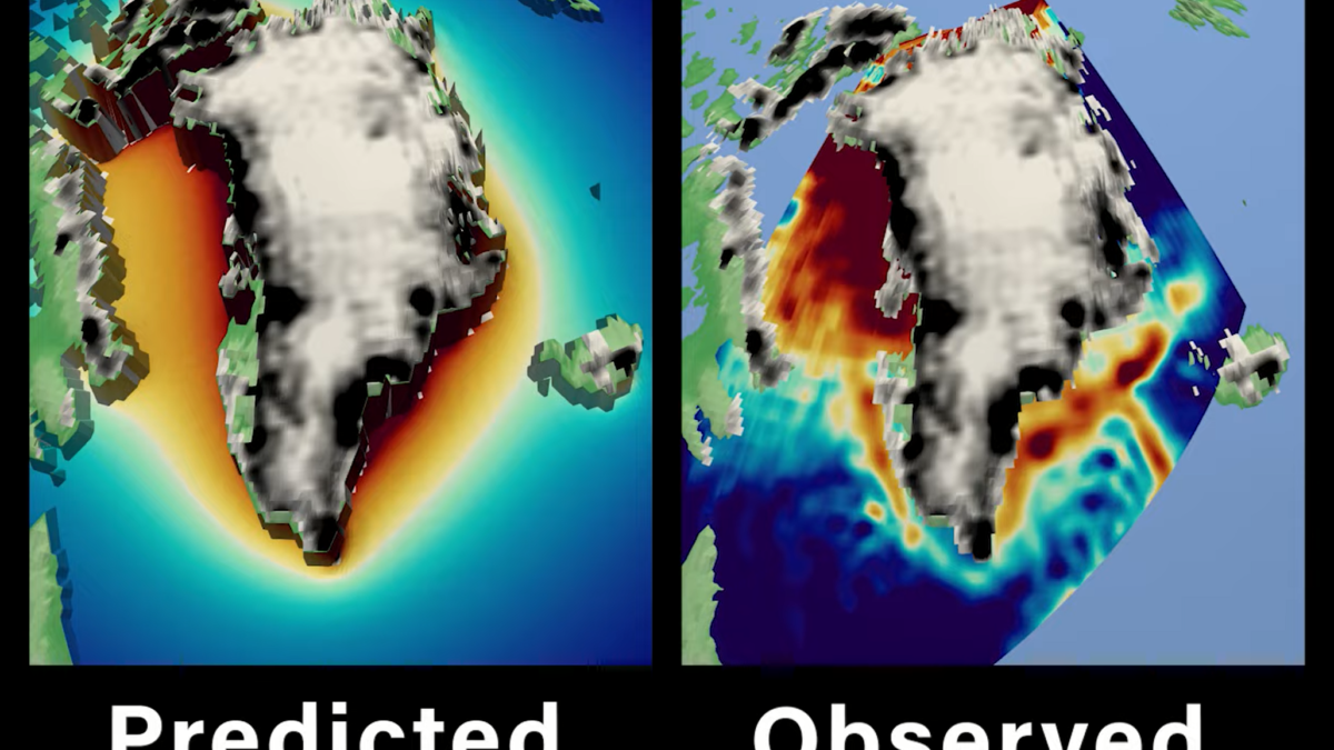 Predicted (left) and observed (right) sea levels caused by melting of the Greenland Ice Sheet (GrIS). A statistically significant correlation between the two fields (P < 0.001) provides an unambiguous observational detection of the near-field sea level fingerprint of recent GrIS melting in our warming world. Graphic: Coulson, et al., 2022 / Science