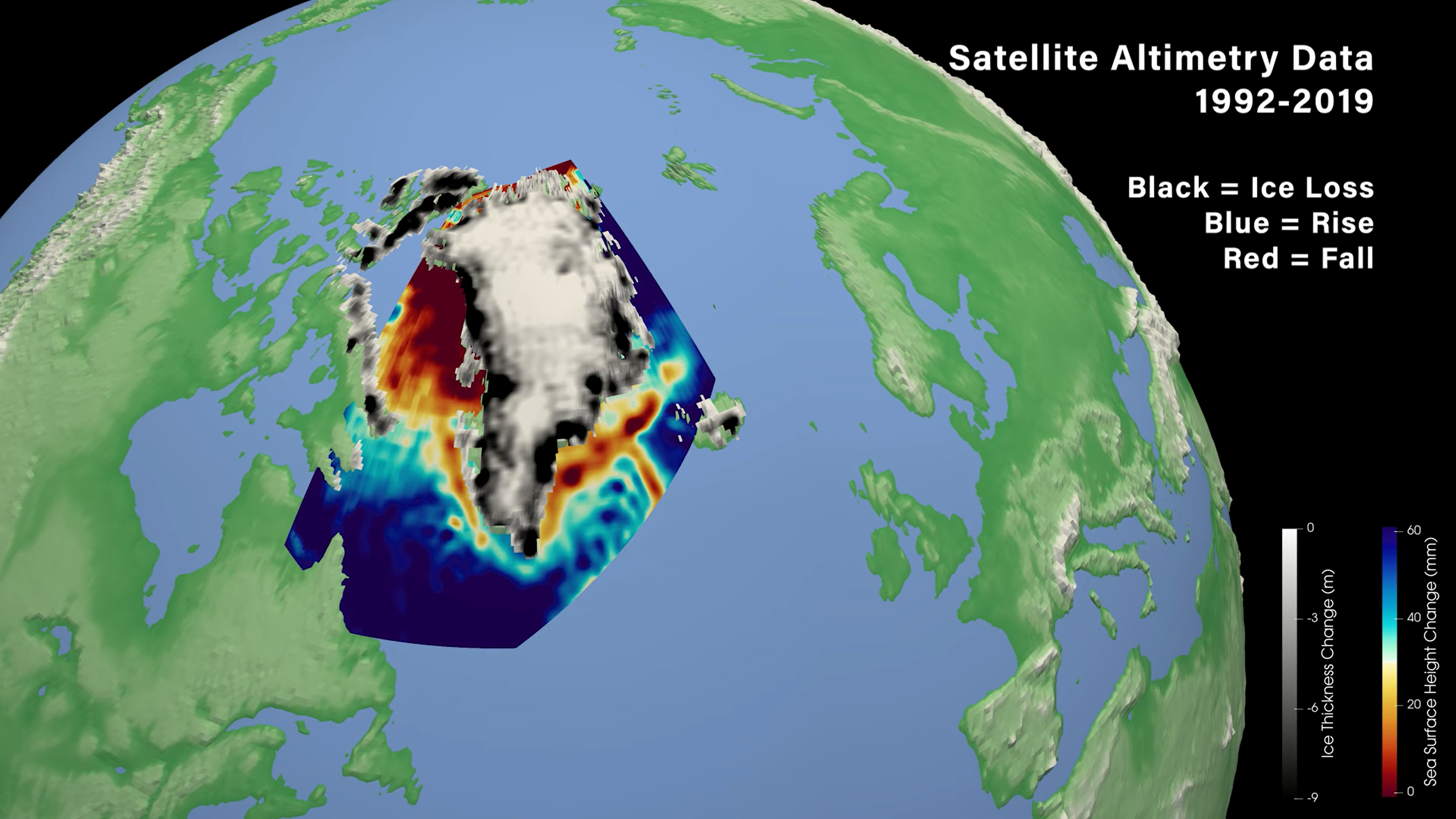Satellite altimetry data of sea level around Greenland, 1992-2019. Graphic: Coulson, et al., 2022 / Science