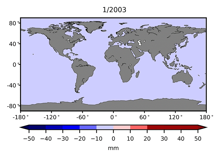 Sea level fingerprints (patterns of variation in sea level rise) calculated from GRACE satellite observations of changes in mass due to ice loss and changing water storage on land, 2002-2014. The blue contour (1.8 millimeters per year) shows the average sea level rise if all the water added to the ocean were spread uniformly around Earth. Graphic: NASA / UCI