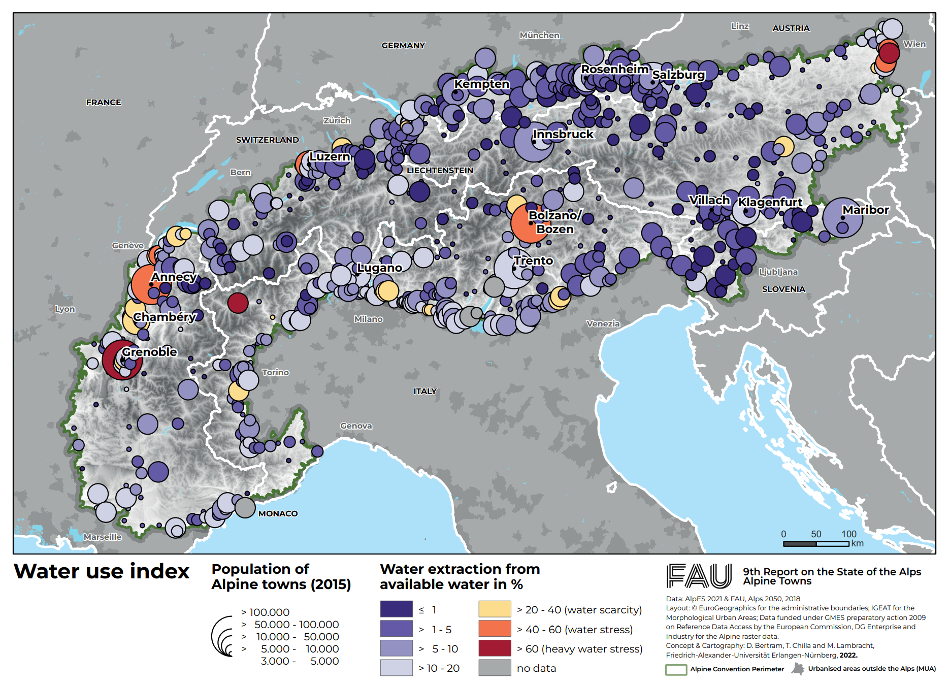 Water extraction from available water by Alpine towns in 2022. The map shows several Alpine towns that are already affected by water shortage, or at risk of being affected 
in the near future, mainly concentrated in industrial agglomerations such as Grenoble, Annecy, or Vienna, and in/around Bolzano/Bozen where the agricultural sector is a heavy water consumer. The southern Alpine towns (especially in France and Italy) with their drier climates are more likely to undergo water shortages than the northern towns. This is particularly true of inner-Alpine dry valleys such as the Aosta Valley in north-western Italy, already affected by significant water stress (e.g. Obojes et al. 2018). Graphic: FAU