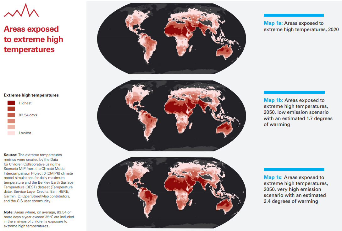 World map showing areas exposed to extreme high temperatures in 2020 (1a) and 2050 under low (1b) and high (1c) emission scenarios. Graphic: UNICEF