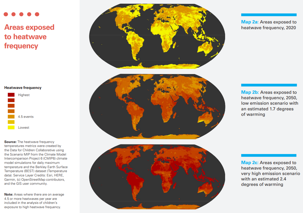 World map showing areas exposed to heatwave frequency in 2020 (2a) and 2050 under low (2b) and high (2c) emission scenarios. Graphic: UNICEF