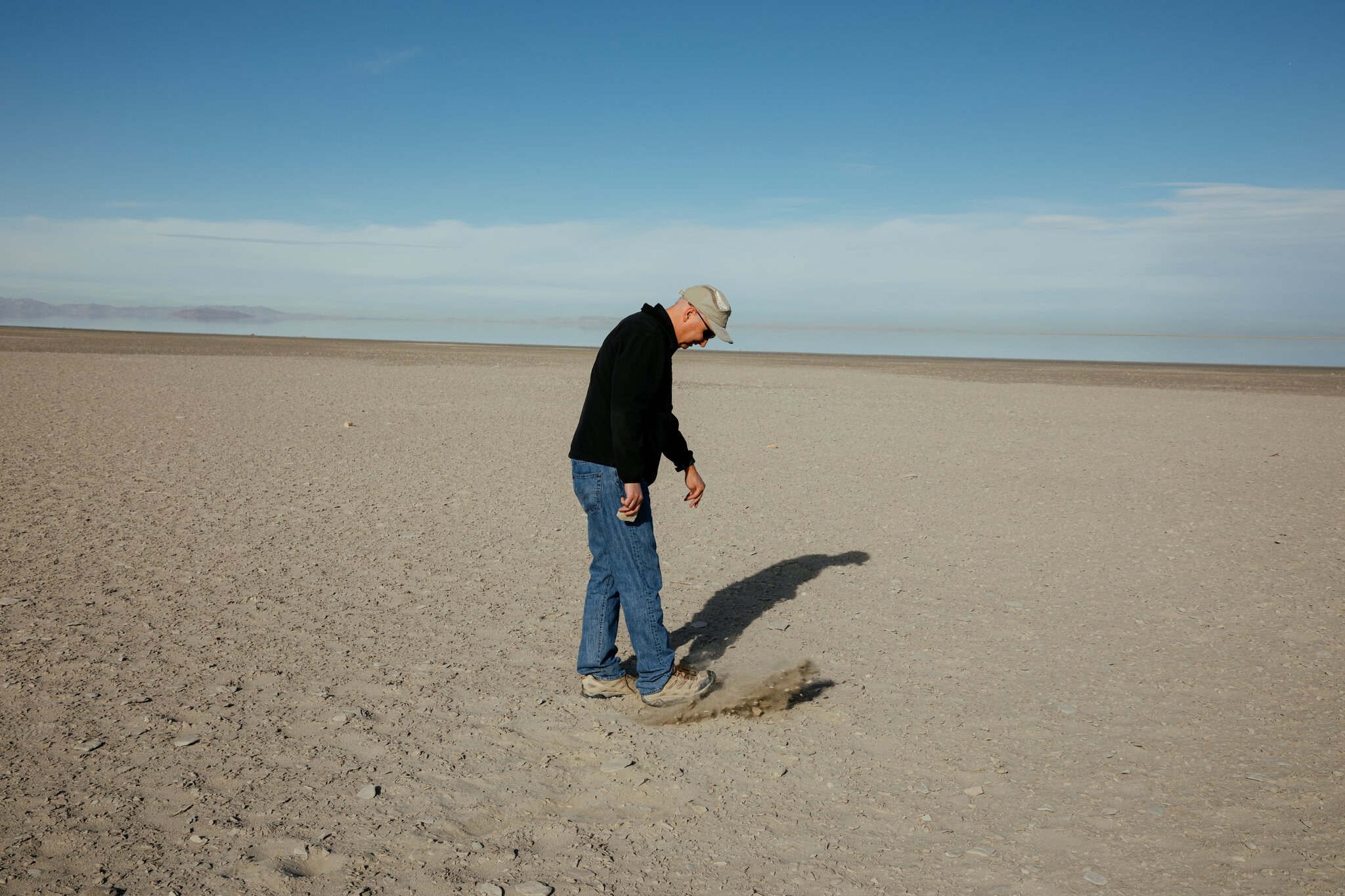 Kevin Perry, a professor of atmospheric sciences at the University of Utah, on land that used to be submerged by the Great Salt Lake. Photo: Bryan Tarnowski / The New York Times
