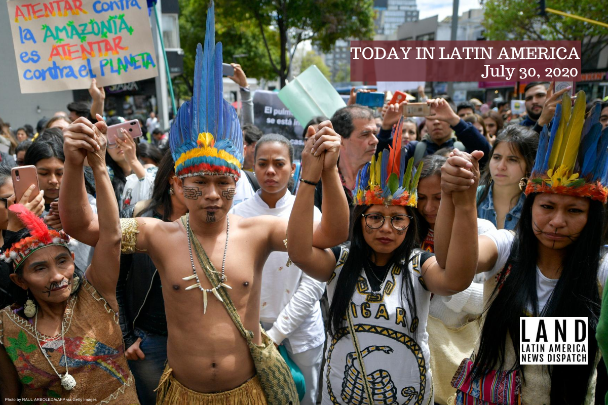 Colombian natives and activists during a protest in Bogotá, Colombia, on 23 August 2019. Photo: RAUL ARBOLEDA / AFP / Getty Images