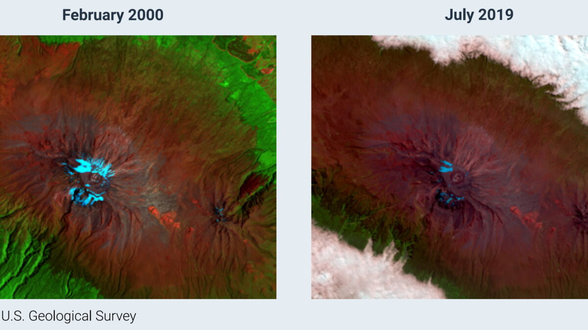 Landsat images from 21 February 2000 (left) and 27 July 2019 (right) illustrating glacier retreat on top of Mount Kilimanjaro (United Republic of Tanzania). Photo: U.S. Geological Survey