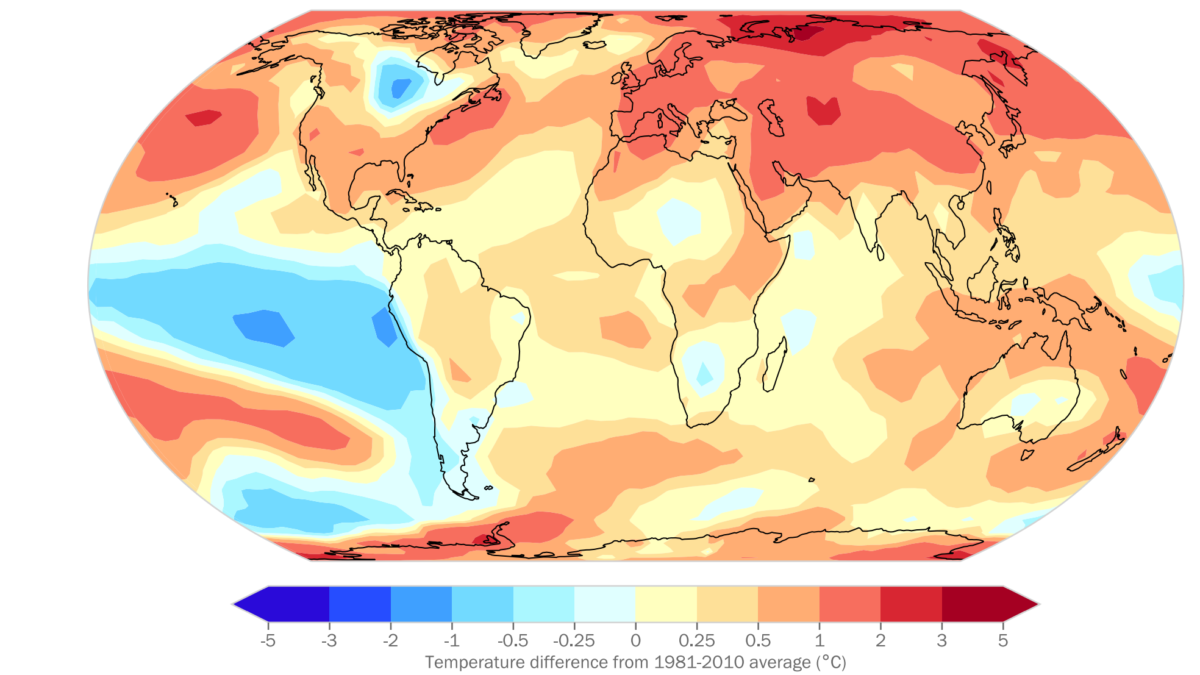 Near-surface temperature differences relative to the 1981–2010 average for 2022 to September. The map shows the median anomaly calculated from six data sets: HadCRUT5, ERA5, JRA-55, GISTEMP, NOAAGlobalTemp, and Berkeley Earth. Graphic: WMO